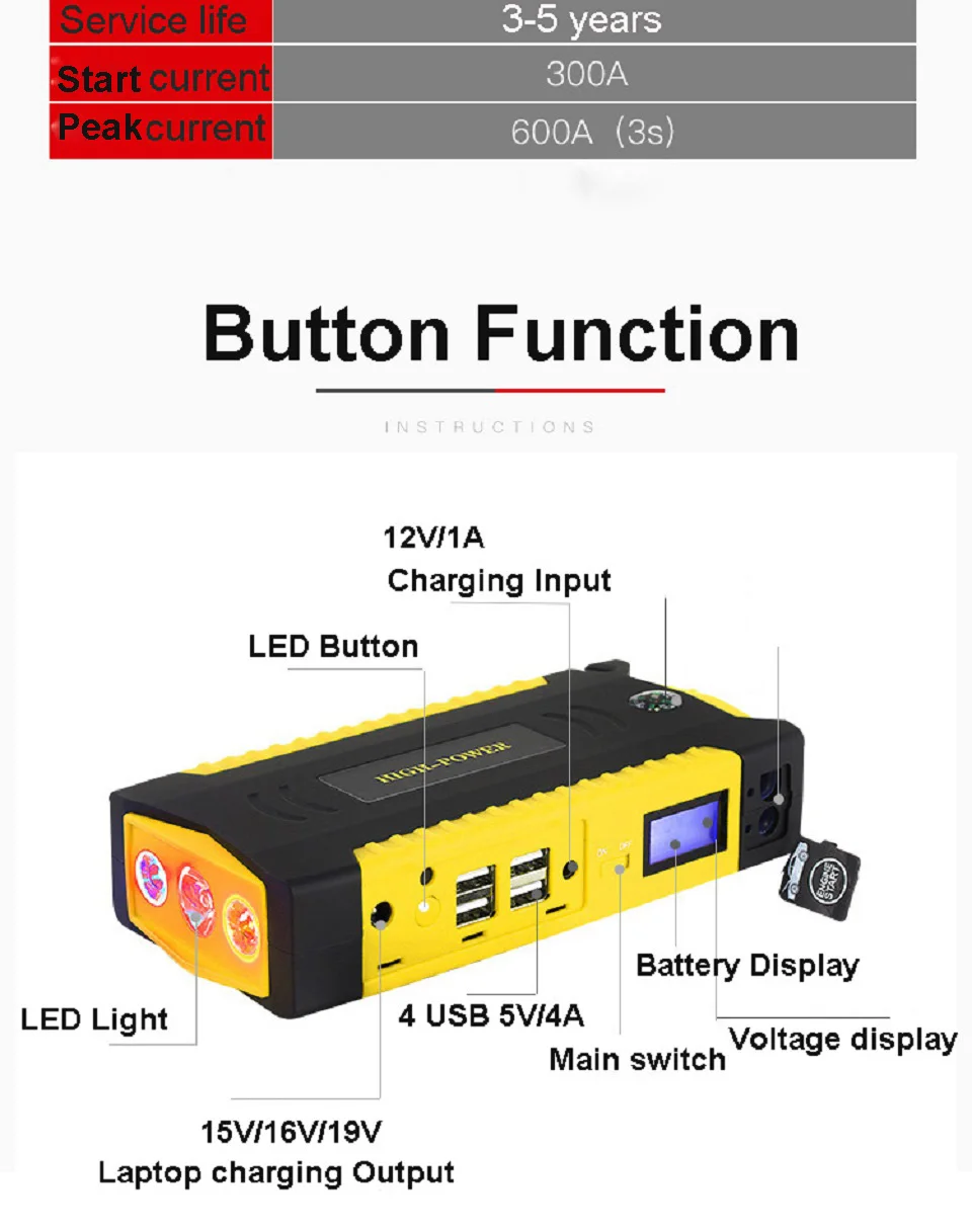 power bank 12 v 4usb 600a bateria