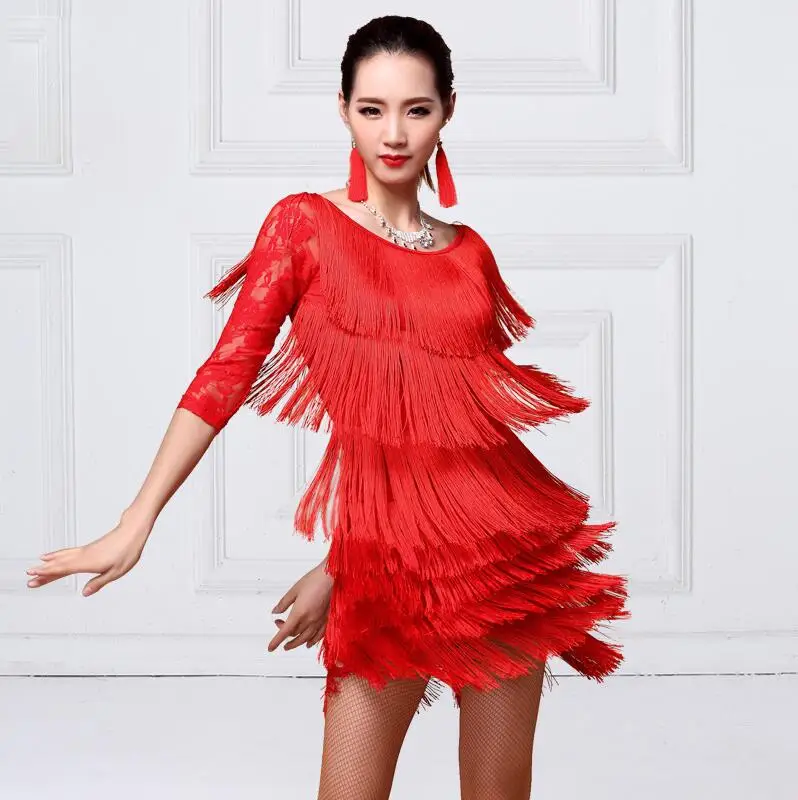red long sleeve Латинское танцевальное платье для взрослых, новинка года, европейский стиль, для детей, для женщин, Румба, Сумба, латиноамериканское с кисточками, платье для танцев, черный, красный - Цвет: red long sleeve