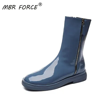 

MBR FORCE fashion ladies ankle boots high quality leather handmade autumn and winter ladies all-match blue beige simple zipper