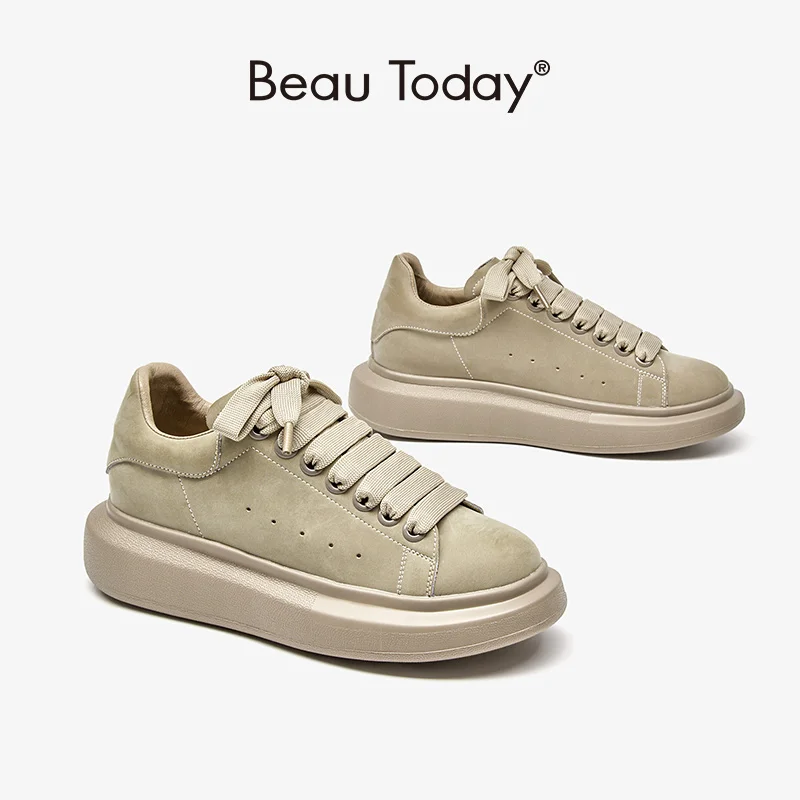 Women Platform Flats-Shoes Sneakers Cow-Suede Beautoday Casual Thick-Sole Lace-Up 
