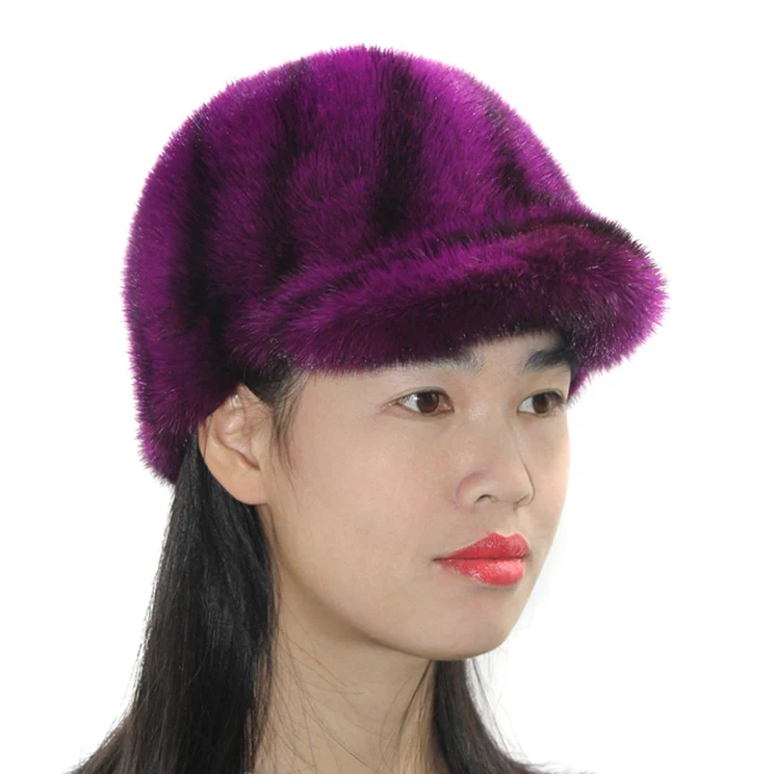 Настоящая меховая шапка зимняя теплая натуральная норковая меховая шапка женская натуральная норковая меховая шапка модная Роскошная Высококачественная шапка из натурального меха - Цвет: purple