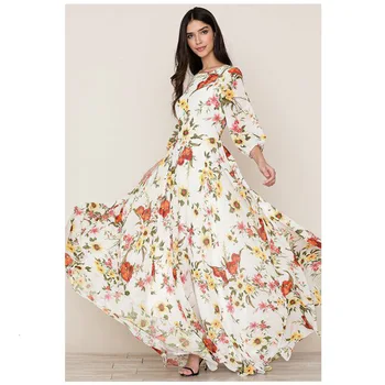 

BacklakeGirls Autumn Spring Sweet Round Neck 3/4 Sleeve Chiffon Evening Dress Flower Printing Long Party Dress Vestidos Formal