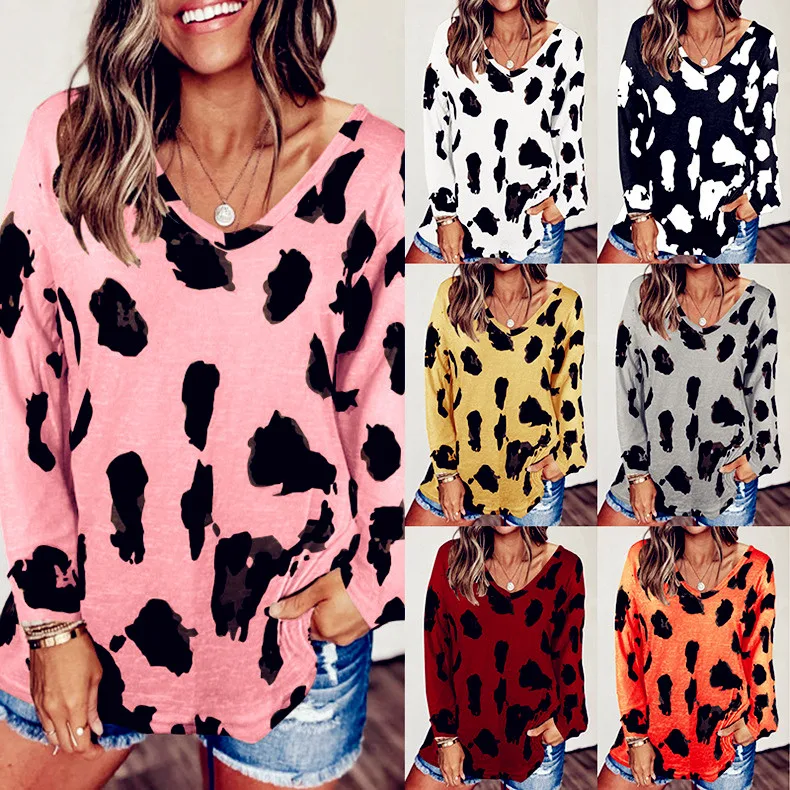 

2021 Winter Cotton Spring Women Plus Sizes Large Big Boho Loose Leopard Colors Vintage Colors T Shirts Tops Full Long Sleeve