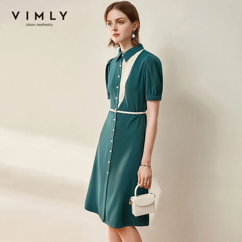 Женское офисное платье-рубашка Vimly Элегантное однобортное платье с отложным