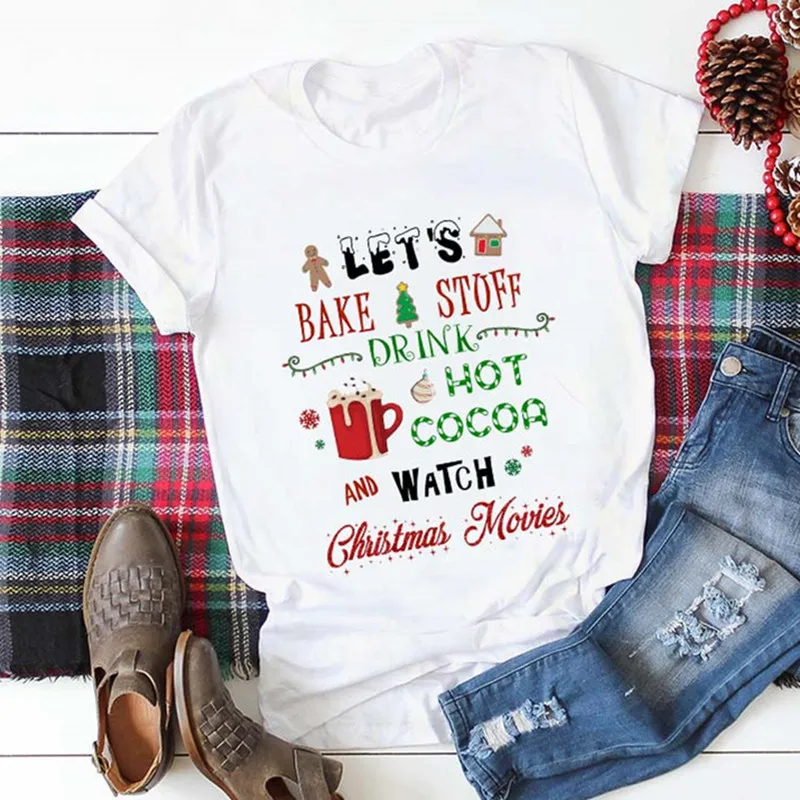 Let Bake Things Drink Hot Cocoa and Watch Рождественская футболка из фильма Женская модная графическая Милая футболка Топ хипстер Camiseta Mujer