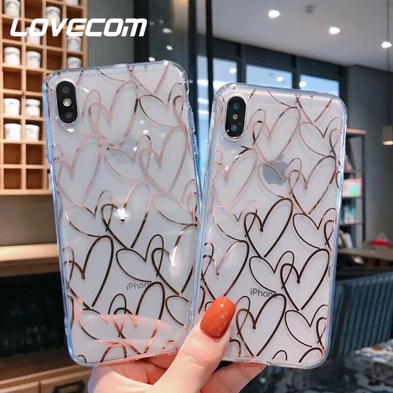

LOVECOM Phone Case For iPhone XR XS Max 6 6S 7 8 Plus X Electroplated Love Heart Soft TPU Korean Clear Back Cover Coque Gifts