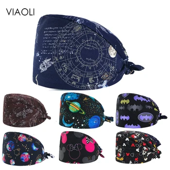 

VIAOLI new Cotton Scrub Caps for Women and men Hospital Medical Hats Print cat in Black Tieback Elastic Section Surgical Caps