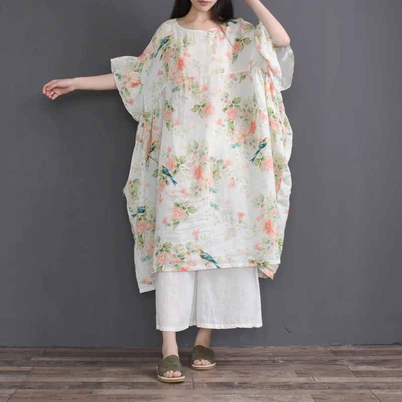 

20 Summer National Wind Ramie Thin Gown Loose Large Size Printing Original Ethnic Retro Dress Robe