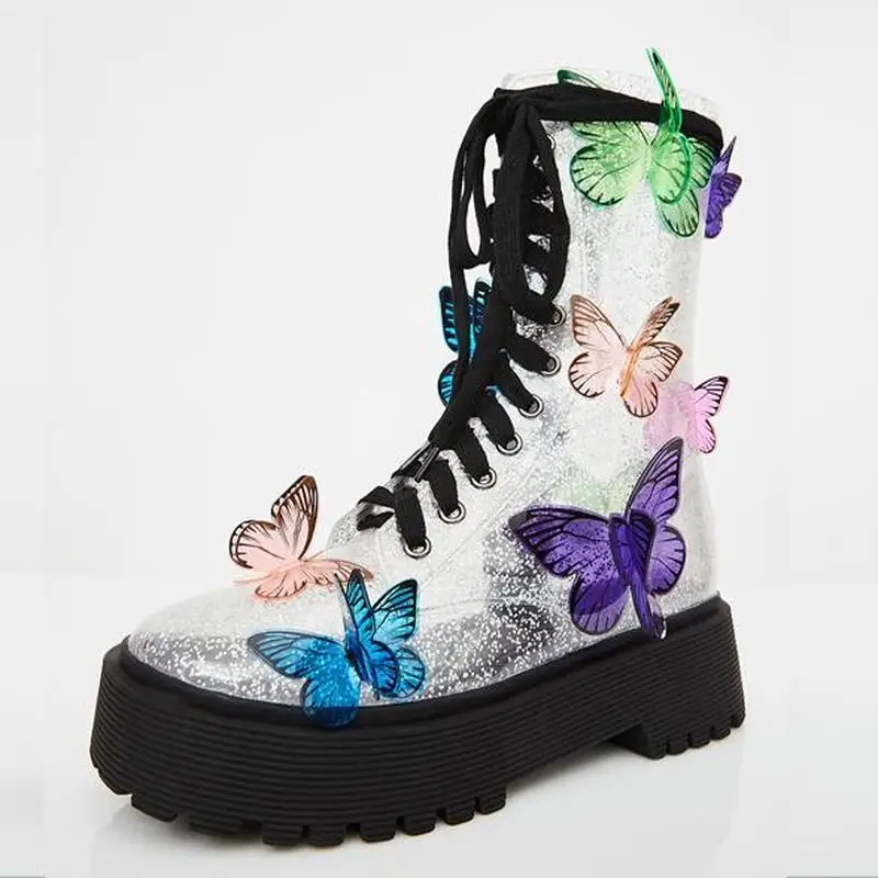 

Womens Round Toe PVC Clear Transparent Crystal Bling Butterfly Decor Match Colors Ankle Boots Lace Up Platform Mid Heel Shoes