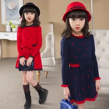 Новое осеннее платье для малышей, детское вязаное платье, детское мягкое платье, платье с длинными рукавами и бантом для девочек, вечерние платья принцессы для малышей,#3552
