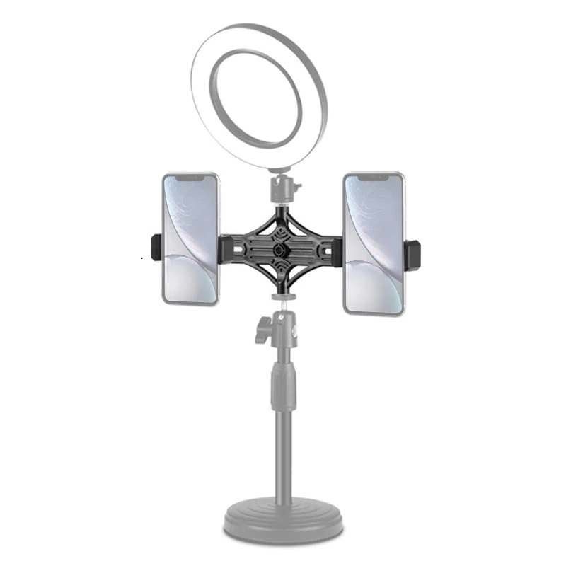 Светодиодный кольцевой светильник для двух сотовых телефонов, набор штатива с регулируемой высотой, двухцветный светильник для фотостудии с 2 держателями для телефона