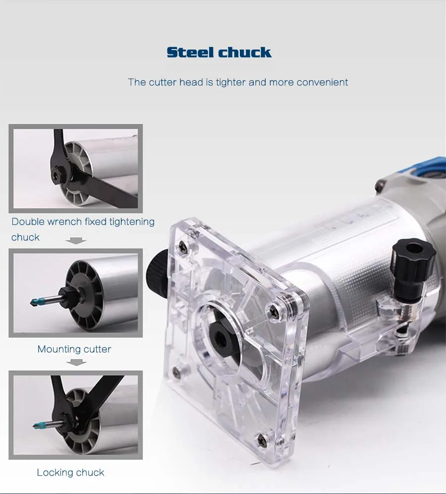 Dongcheng Router Trimmer Durable Small Copper Motor Carving Machine 1/4'' Chuck Electric Woodworking Trimmer Power Tool