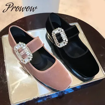 

Prowow New Black Pink Velvet Spring Summer Pumps Round Toe Crystal Buckle Strap Low Heel Pumps Shoes Women