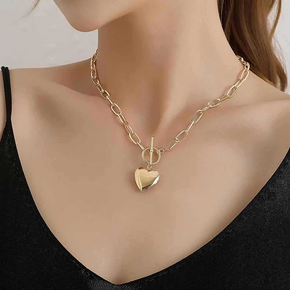 Stylish Gold Heart Locket Necklace With 3D Pendant Charms Neck Chains Link Vintage Punk Jewelry Women Girl Fashion Accessories | Украшения
