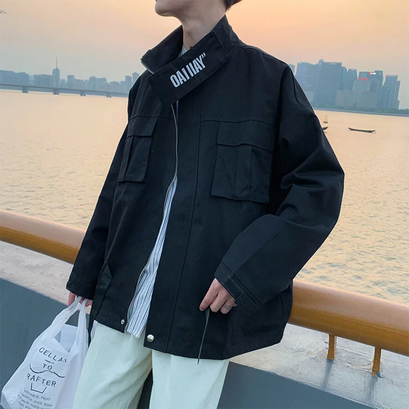 

Autumn Stand Collar Jacket Men's Fashion Solid Color Casual Tooling Jacket Men Streetwear Loose Hip Hop Bomber Jackets Mens