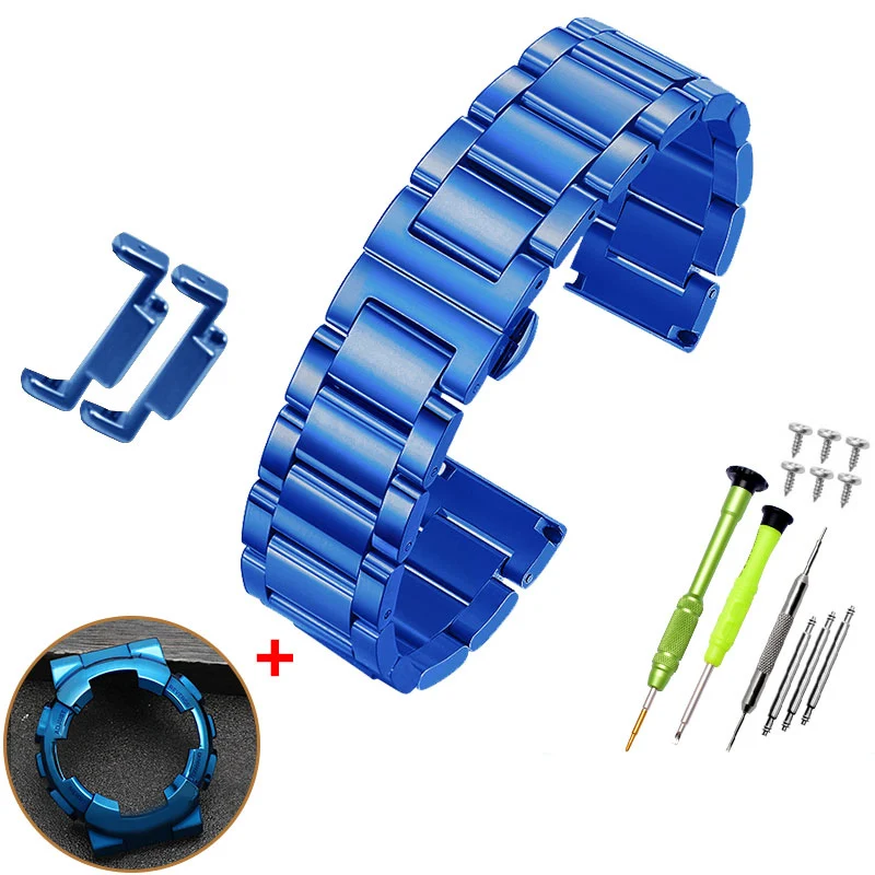 WB blue Set Твердый ремешок для часов из нержавеющей стали и чехол для GA-110GB GA110/100 GLS-100 ремешок для часов из цельного металла модифицированный браслет чехол для часов - Цвет ремешка: WB blue Set