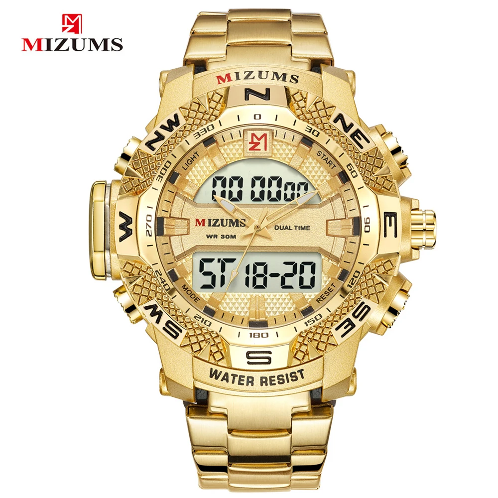 Mizums Brand Quartz Watch Men's Sport Watches Men Steel Military Waterproof Gold LED Digital Watches For Men Relogio Masculino