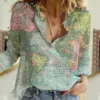 World Map Print Lapel Button Shirts Long Sleeve Loose Blouses 1