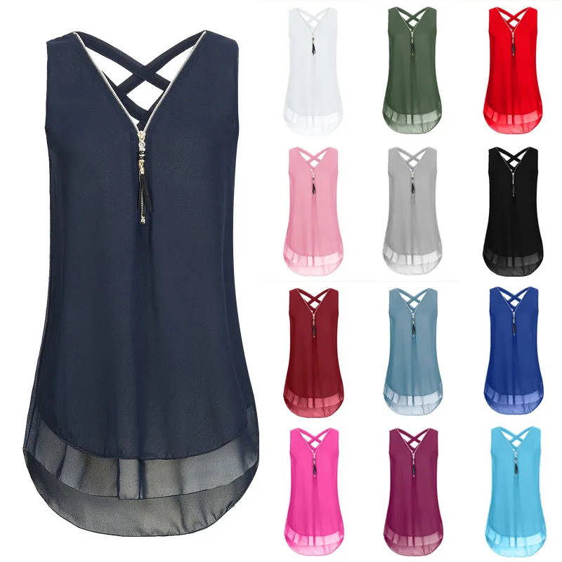 

S-5XL Large Size Summer Tank Sexy Tops Plus Size Women Chiffon Blouse Casual Sleeveless Zipper Back Cross Irregular Loose Shirts