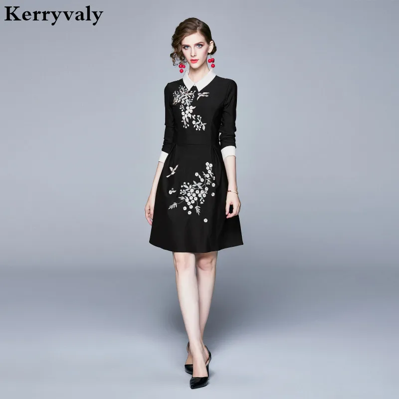 Осеннее черное платье с цветочной вышивкой Vestido Invierno Mujer женское платье миди Robe Moulante Femme ropa mujer K6564
