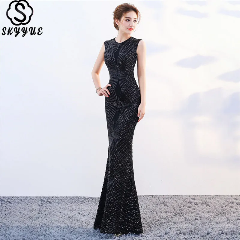

Skyyue Evening Dresses Solid Sleeveless Floor-Length Robe De Soiree High-waist V-Neck Sequined O-Neck Mermaid Formal Gowns C111
