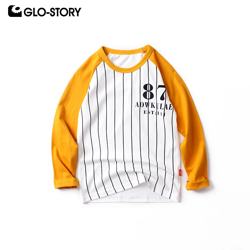 GLO-STORY, Осенние Топы для мальчиков, полосатые футболки в стиле пэчворк с надписями, детская одежда, хлопок, 120-160 см