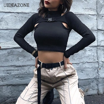

UIDEAZONE Gothic Hollow out Women TShirts Fake Two Piece Long Sleeve Crop Tees Pullovers T Shirts Goth 2019 High Street
