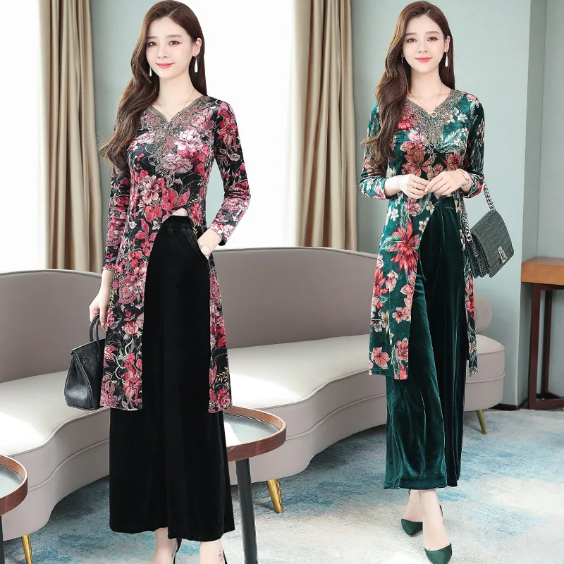 

2019 Autumn Loaded Fashion New Style Gold Velvet WOMEN'S Suit Korean-style Western Style Slimming Fashion Loose Pants Two-Piece