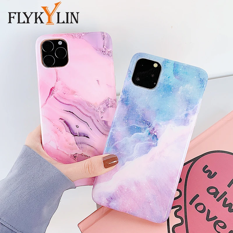 FLYKYLIN фиолетовый розовый мраморный чехол для iphone 11 Pro Max 6 S 7 8 Plus X XS XR глянцевый
