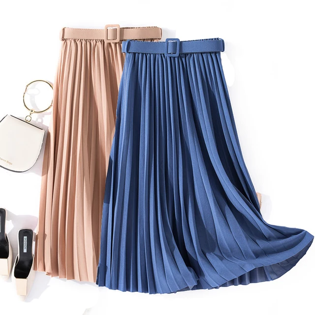 US $10.53 Autumn Summer women vintage elegant midi skirt with belt 2020 Women high waist pleated skirts women
