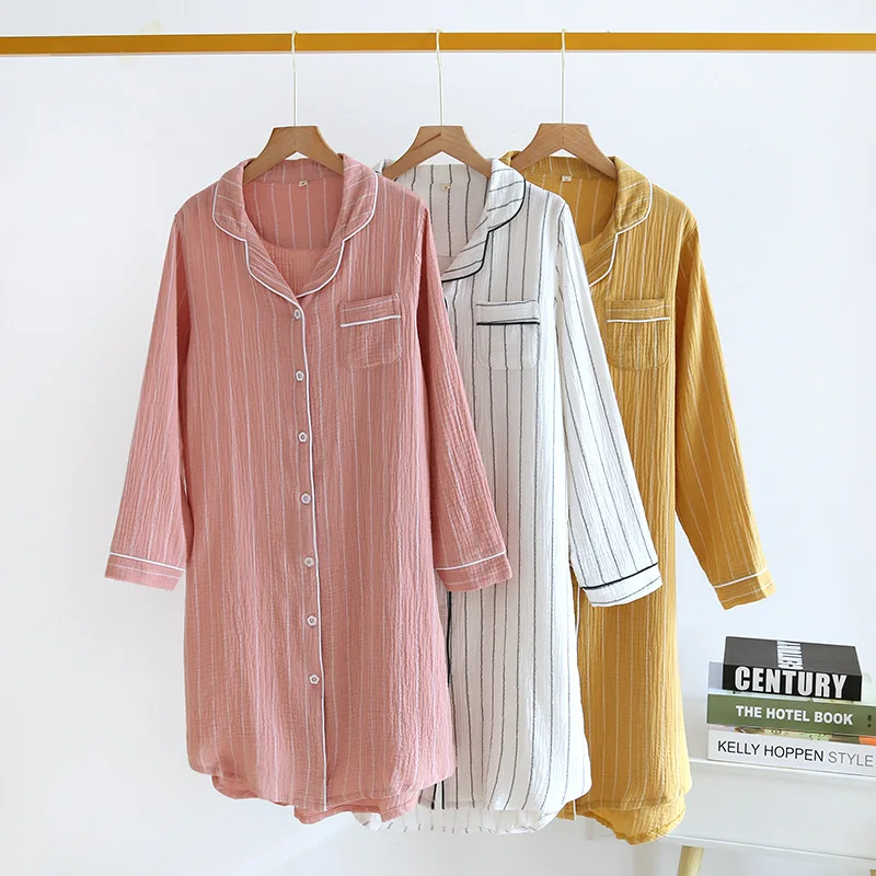 2024 new spring and summer women's 100% cotton long-sleeved nightdress home simple plus size striped home nightwear long dress