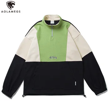

Aolamegs Men Sweatshirts Color Block Half Zipper Drawstring Pullover Men College Style Hoodies Autumn High Street Men Streetwear