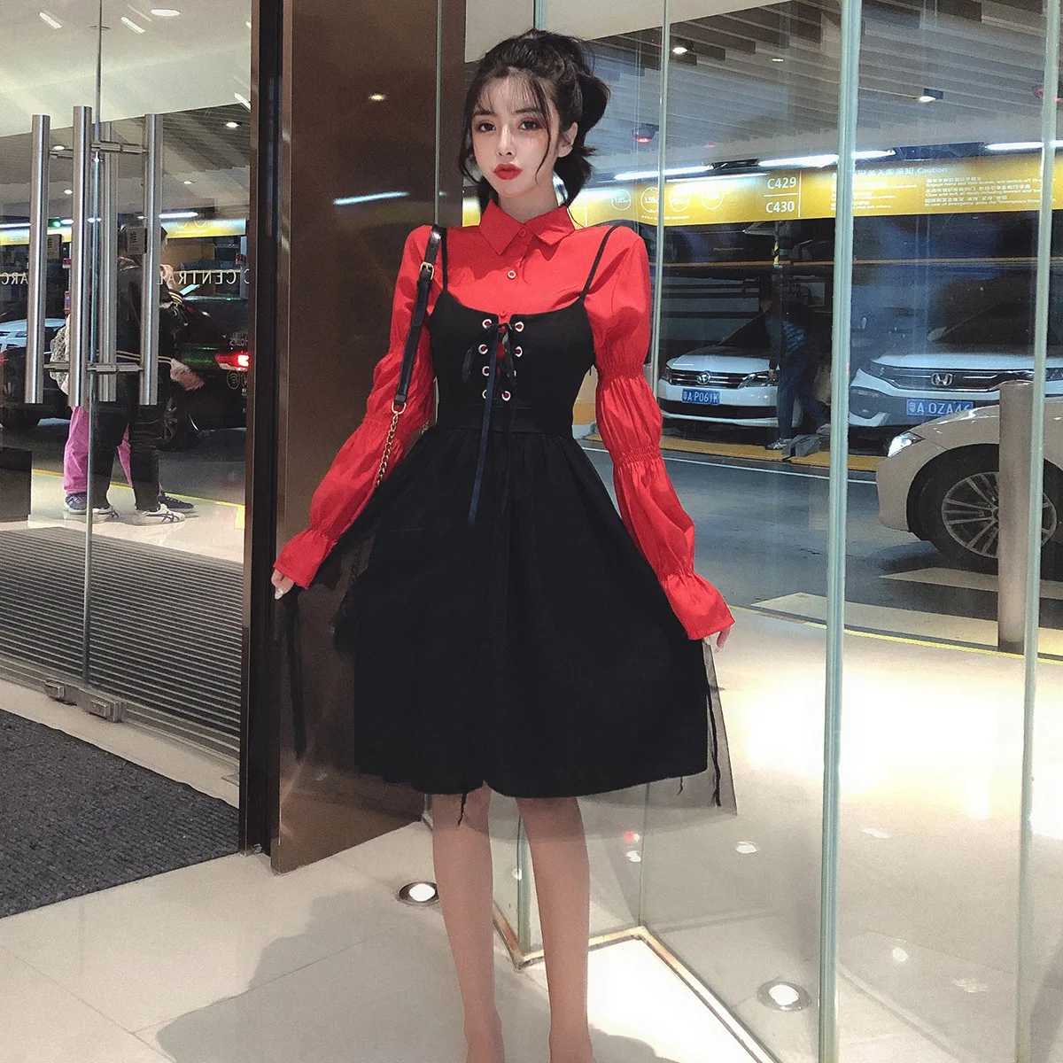 

Photo Shoot New Style Shirt Dress Two-Piece Set Camisole Tube Top Lantern Sleeve Camisole Mesh Skirt Set