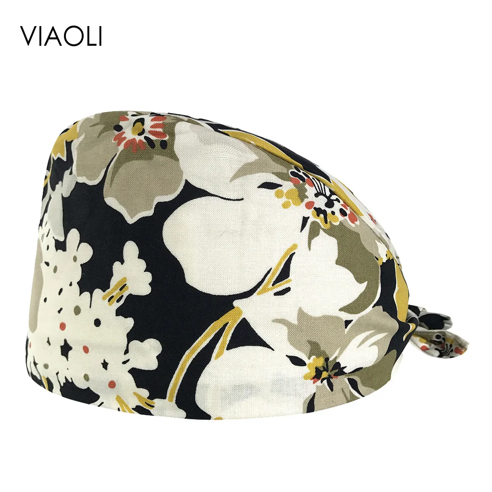 

Cotton Printing Breathable Doctor Nurse Working Hat Unisex Scrub Hat Dome Cap Adjustable Multipurpose Laboratory Dental Care Cap