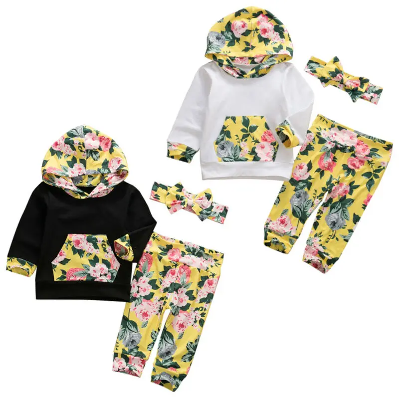 Комплекты одежды для новорожденных девочек, топы с капюшоном и длинными рукавами с цветочным принтом, штаны, комплекты осенней одежды, спортивный костюм