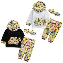 Комплекты одежды для новорожденных девочек, топы с капюшоном и длинными рукавами с цветочным принтом, штаны, комплекты осенней одежды, спортивный костюм