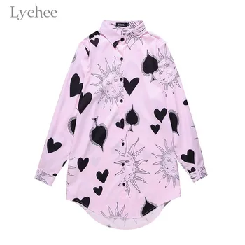 

Lychee Harajuku Sun Heart Printed Women Shirt Blouse Full Print Buttons Female Shirts Tops Casual Loose Spring Lady Blouses