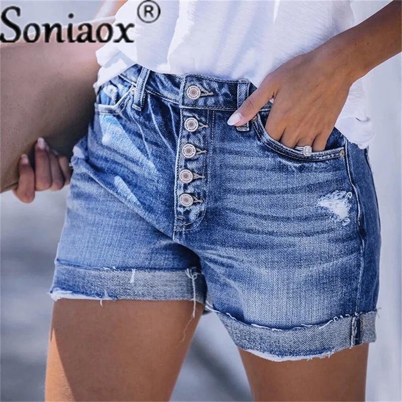 2021 New Women's Summer Single Breasted Shorts Jeans Ladies High Waist Ripped Elastic Denim Shorts Street Casual Curling Shorts