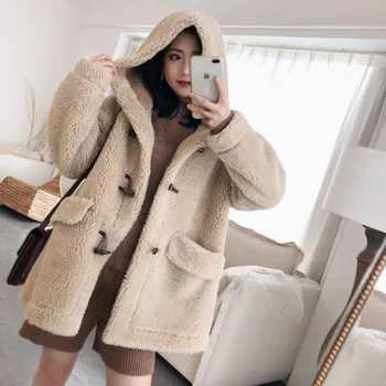 

pink color real sheep fur coat winter spring women 2020 new fashion korean jacket with horn button abrigo mujer plus size parka