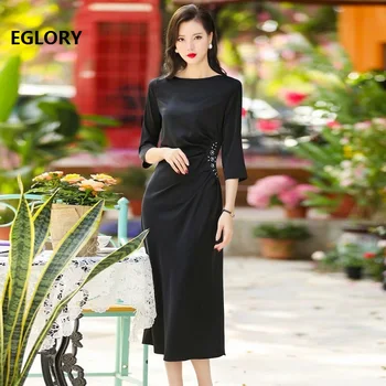 

High Quality Brand New 2020 Spring Dresses for Women Diamond Beading Deco 3/4 Sleeve Mid-Calf Length Black Red Elegant Dress