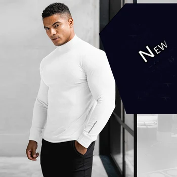 

Fitness Slim Male T-shirt Turtleneck Tops Tees Men Fashion Solid Stand Collar s&Tee Casual Sportwear Bodybuilding Suéter tipo #L
