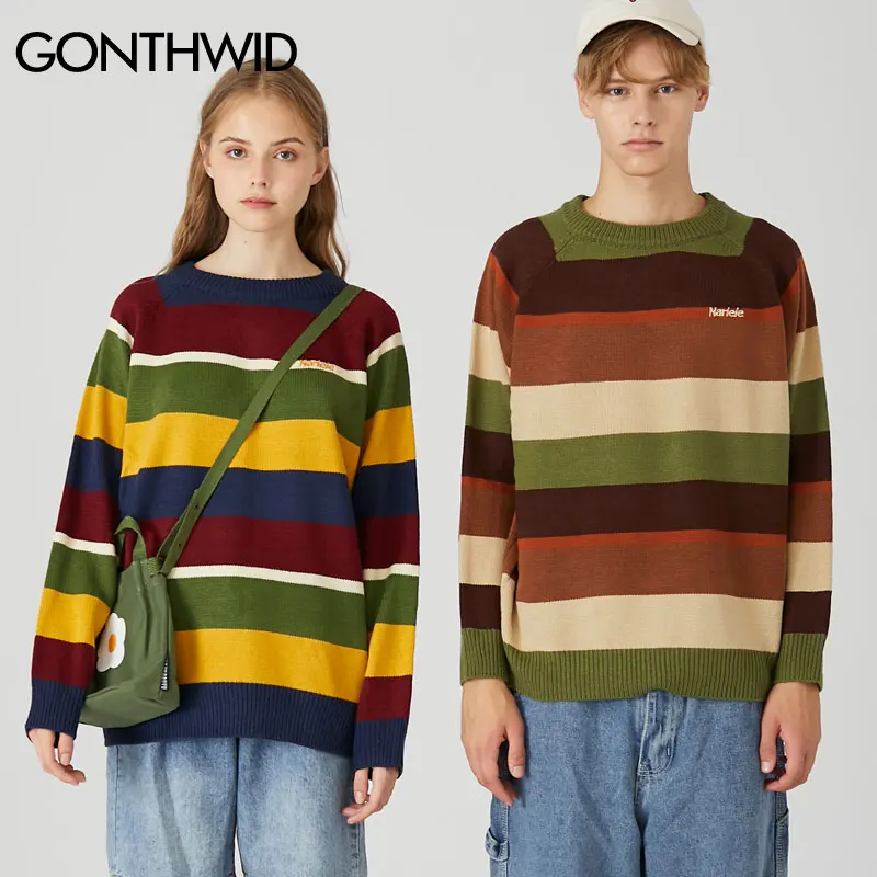 GONTHWID Rianbow/вязаные свитера в полоску с цветным блоком в стиле пэчворк, уличная мода Harajuku, Повседневный пуловер, трикотажный джемпер, топы