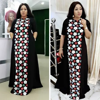 

African Print Black Flower Sequins Dashiki Dress Women Fashion Africa Clothes Bazin Fabric Robe Evening Party Gown Maxi Dresses