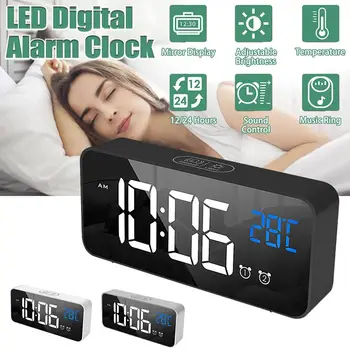 

LED Digital Dual Alarm Clock Thermometer Display Mirror Voice Control Multi-functional Bedroom Office Desktop Alarm Clock