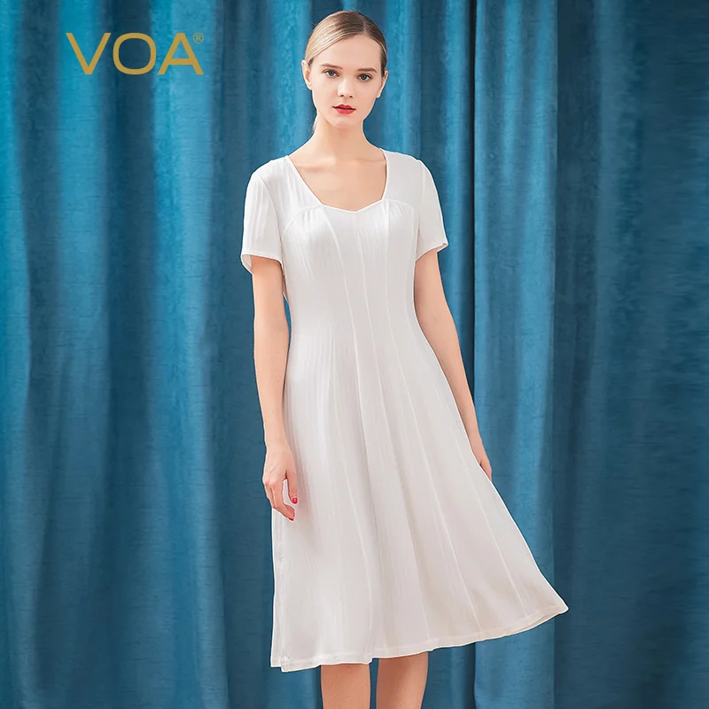 

VOA white jade 46m concave convex stripe heavy square collar short sleeve elegant X-type micro elastic crisp silk dress a10756
