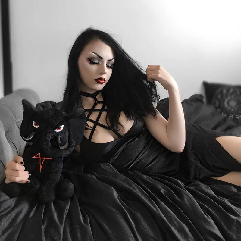 Fitshinling Grunge Goth одноцветное осеннее платье мягкое Открытое Харадзюку с открытой