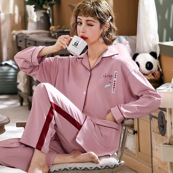 Pijama de algodón para Mujer, ropa de dormir de manga larga, Pijama para Mujer de Invierno con botones, conjunto de talla grande, Pijama de dibujos animados 3XL