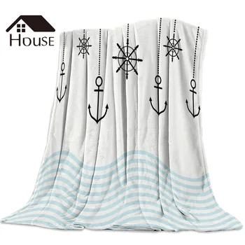 

Nautical Motifs Waves Anchors Throw Blanket Soft Comfortable Velvet Plush Blankets Warm Sofa Bed Sheets