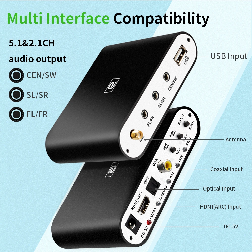 DA615H 5.1CH Audio Decoder Bluetooth 5.0 Reciever DAC Wireless Audio Adapter Optical Coaxial U play ARC DAC DTS AC3 Converter