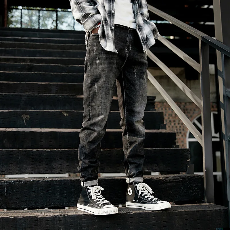 

Men Jeans Autumn Winter Large size Loose Denim Pants 2019 New Young men Retro Button pocket Ripped Casual Denim Trousers